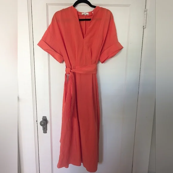Vince Cuffed Short Sleeve V-Neck Dress Orange Women's XXS - Picture 3 of 10